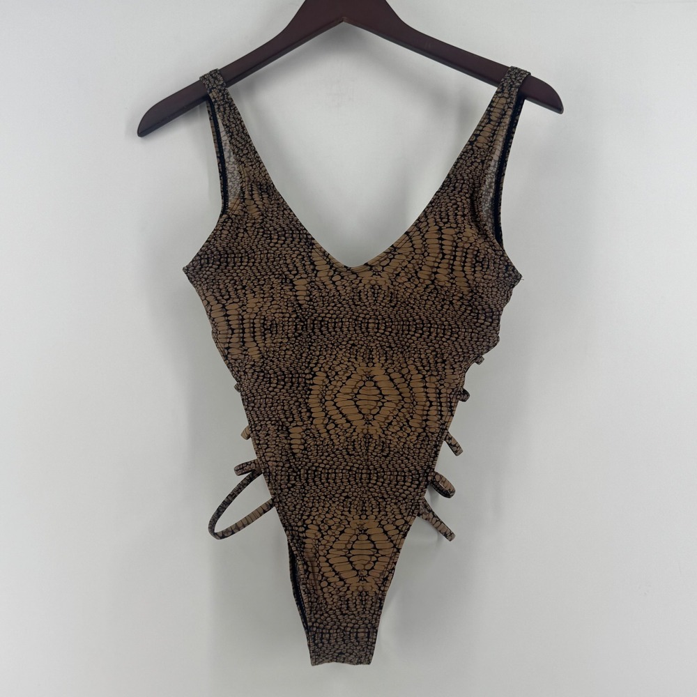 Womens Snakeskin Print High Cut Strappy Side One Piece Swimsuit Brown Black